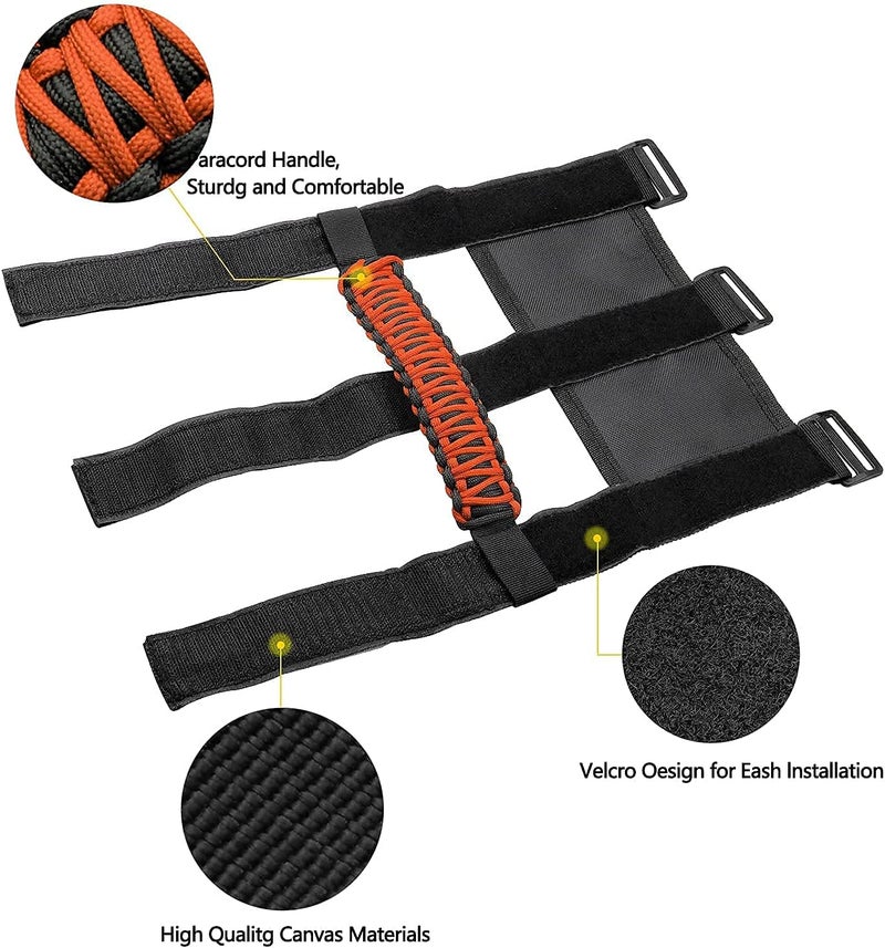 Kujunpao 4 X Roll Bar Grab Handles Grip Handle Compatible with Jeep Wrangler JLU JK JKU TJ YJ LJ JT JL & Gladiator JT 1987-2021 UTV & ATV, Fits 1.5 to 3 Inch Bars 3 Straps Woven Holder(Orange - Image 4